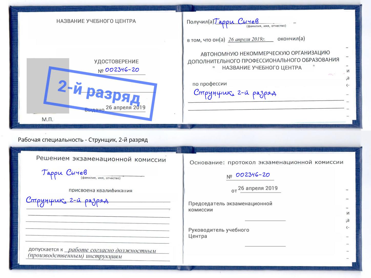 корочка 2-й разряд Струнщик Холмск