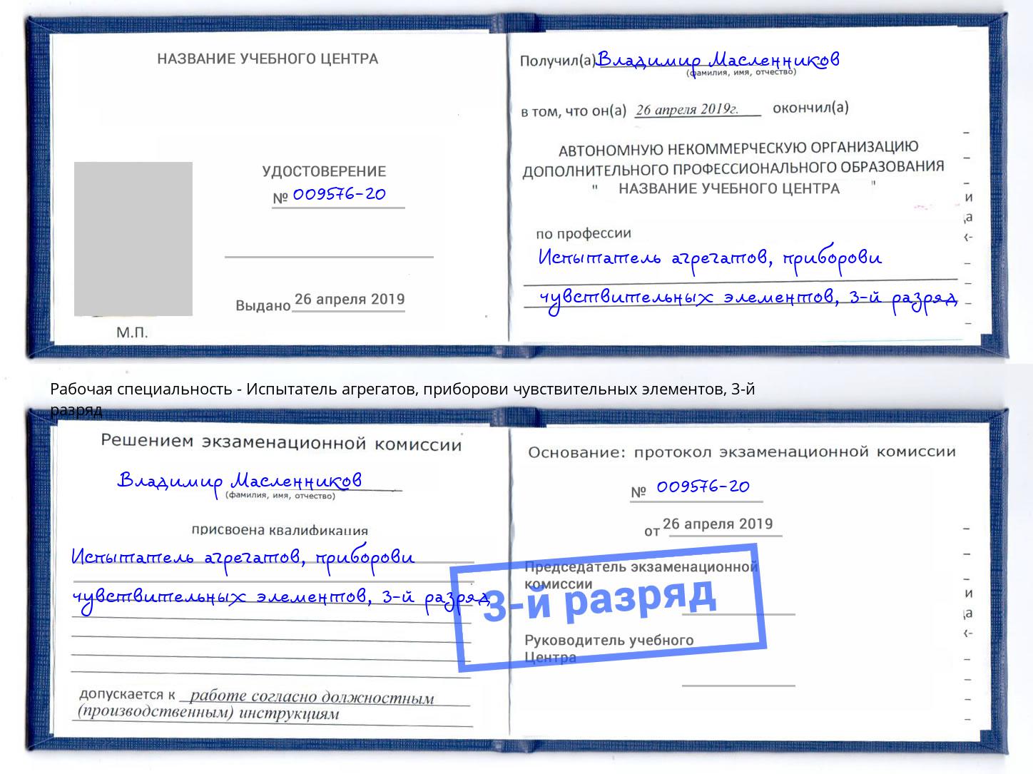 корочка 3-й разряд Испытатель агрегатов, приборови чувствительных элементов Холмск