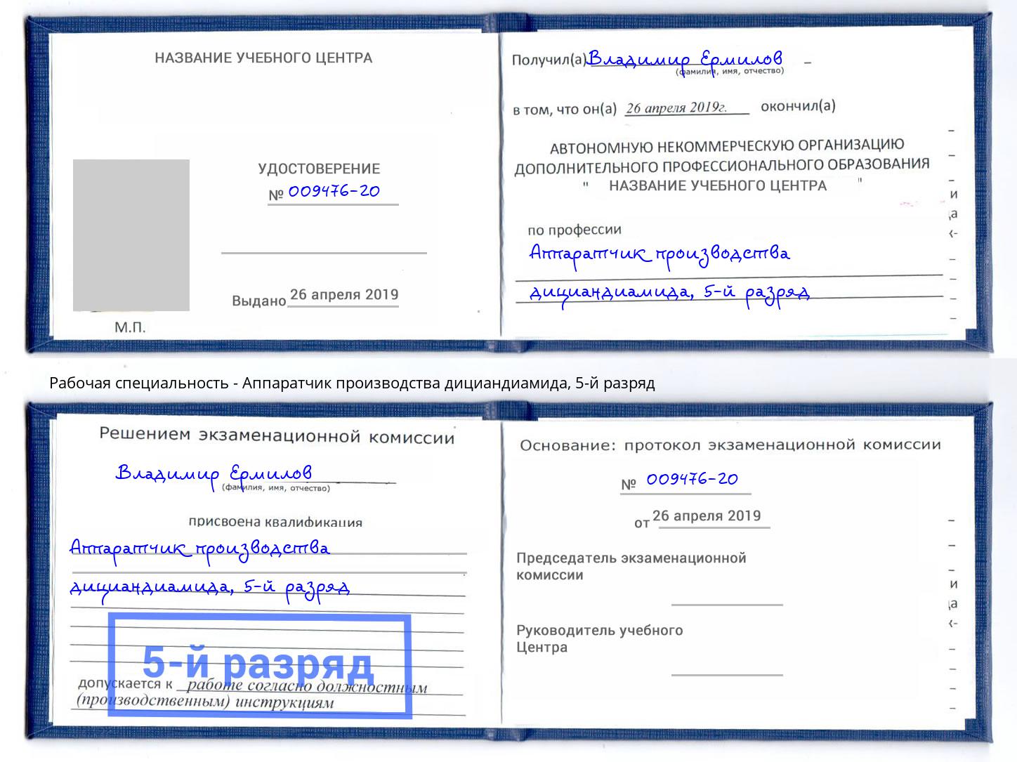 корочка 5-й разряд Аппаратчик производства дициандиамида Холмск