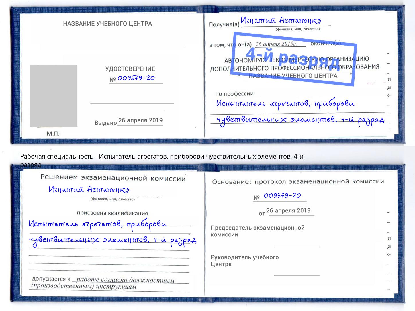 корочка 4-й разряд Испытатель агрегатов, приборови чувствительных элементов Холмск