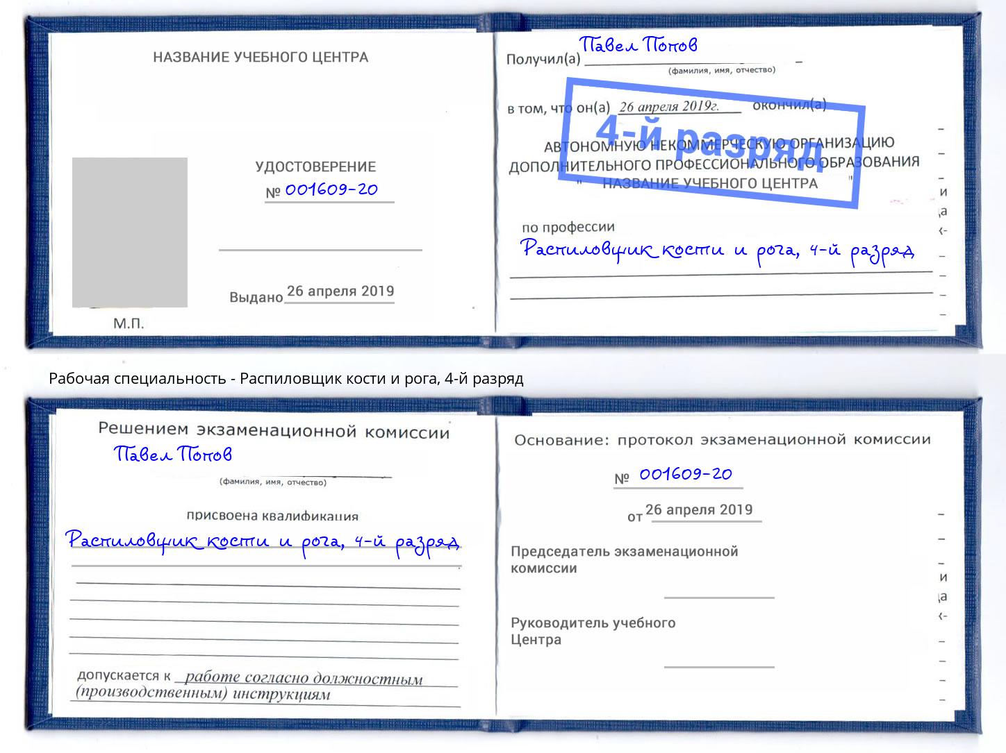 корочка 4-й разряд Распиловщик кости и рога Холмск