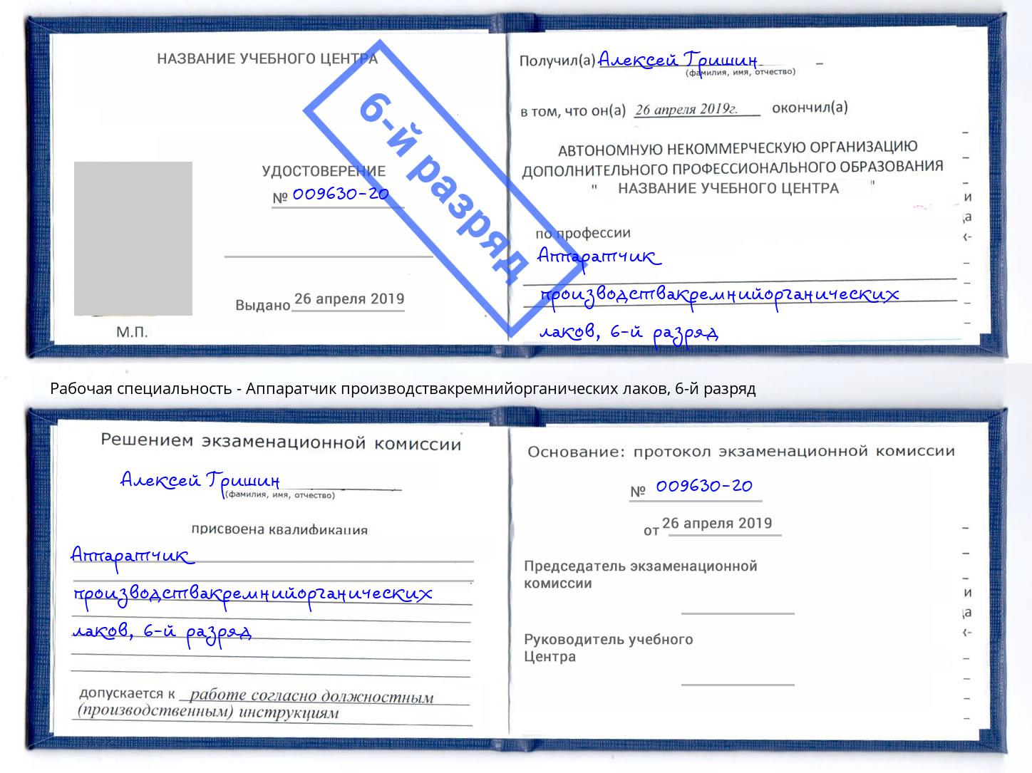 корочка 6-й разряд Аппаратчик производствакремнийорганических лаков Холмск