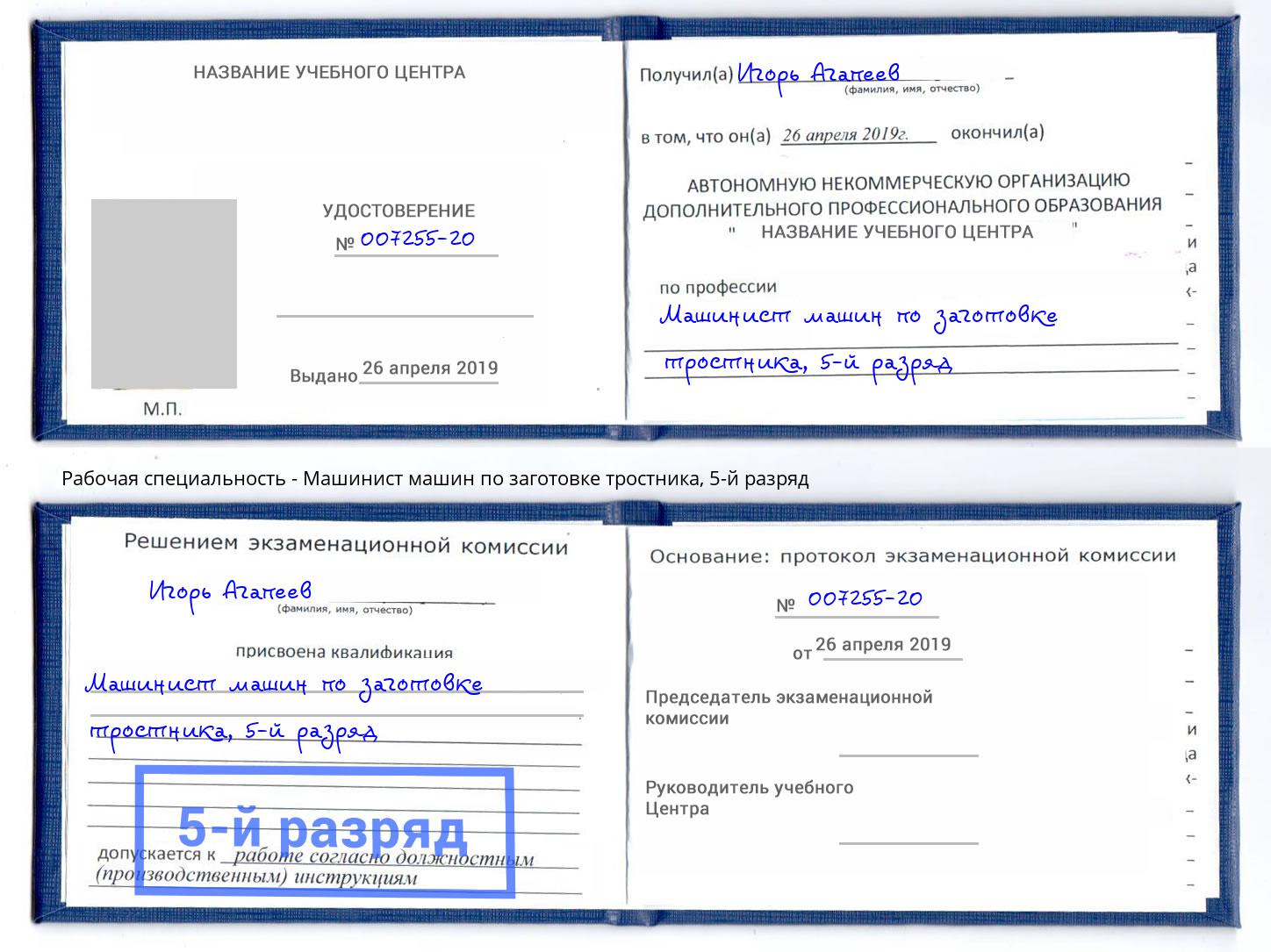 корочка 5-й разряд Машинист машин по заготовке тростника Холмск