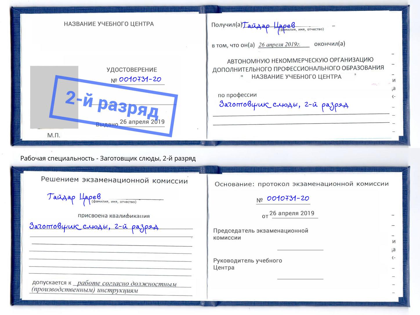 корочка 2-й разряд Заготовщик слюды Холмск
