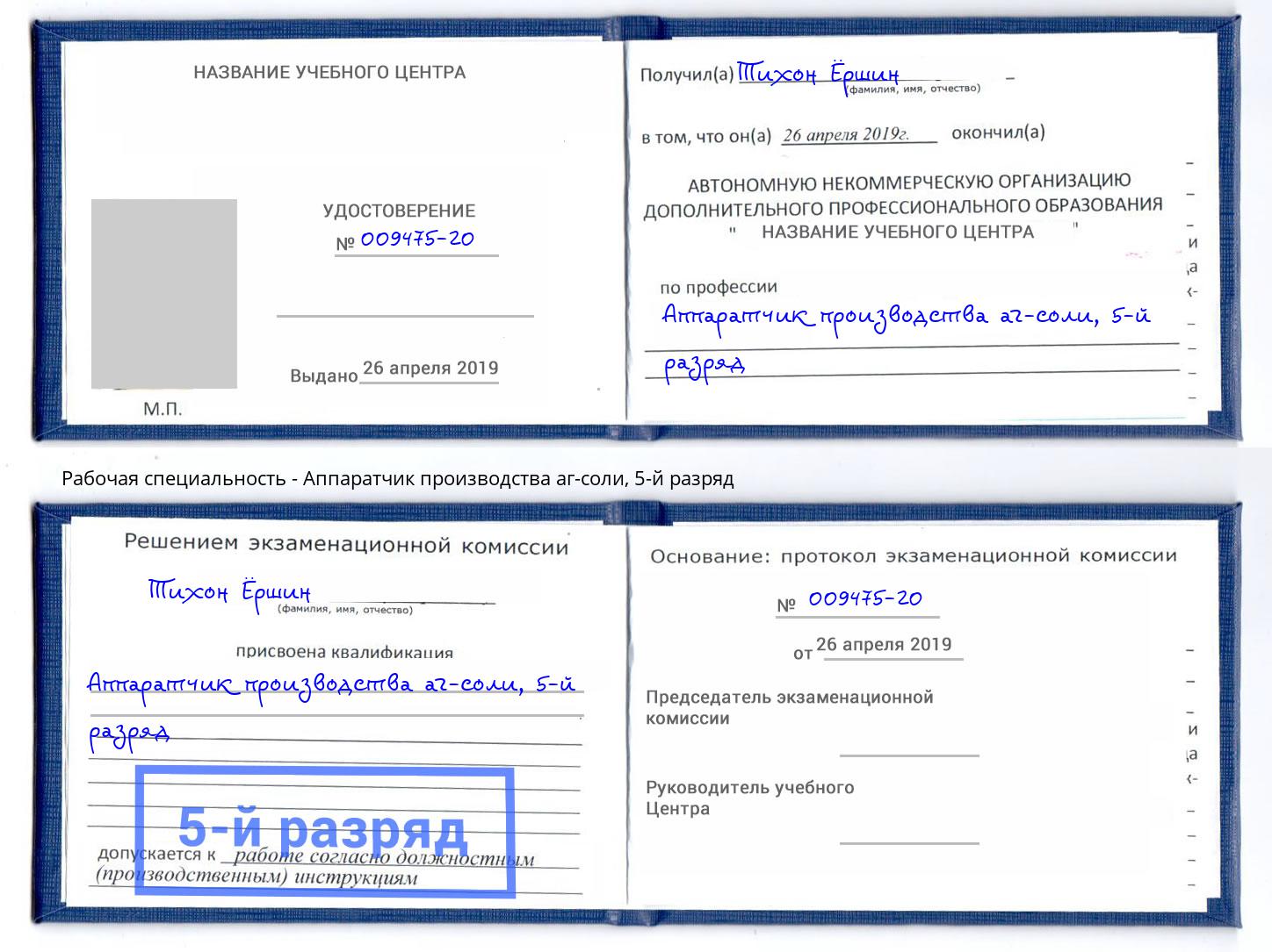 корочка 5-й разряд Аппаратчик производства аг-соли Холмск