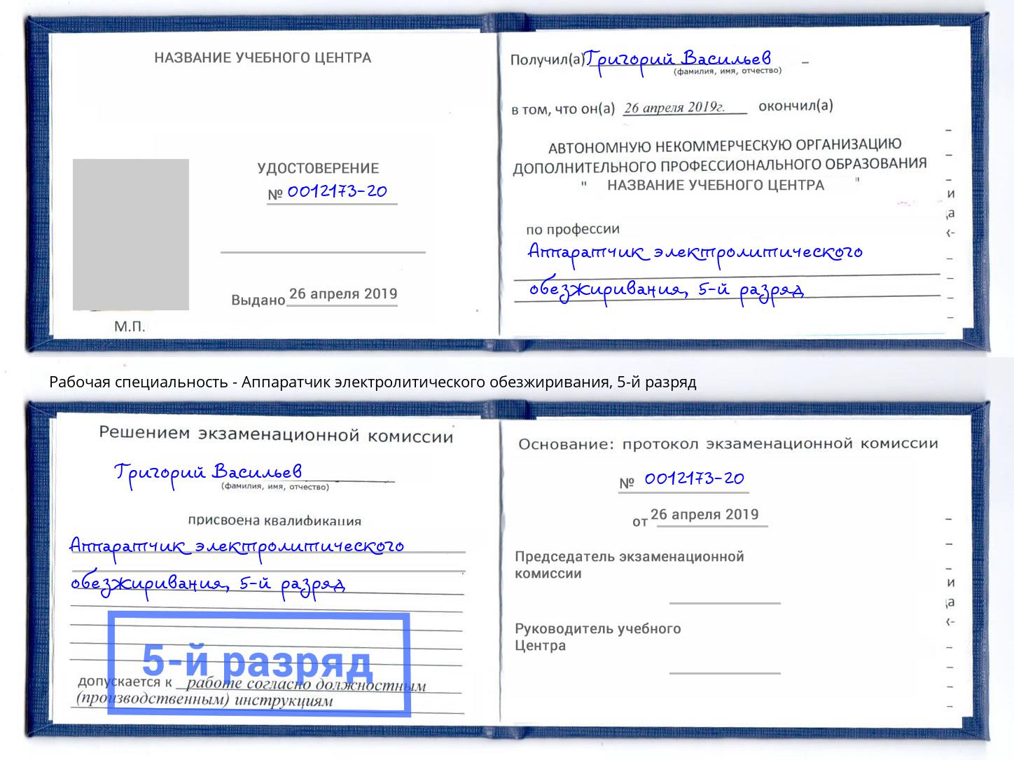 корочка 5-й разряд Аппаратчик электролитического обезжиривания Холмск