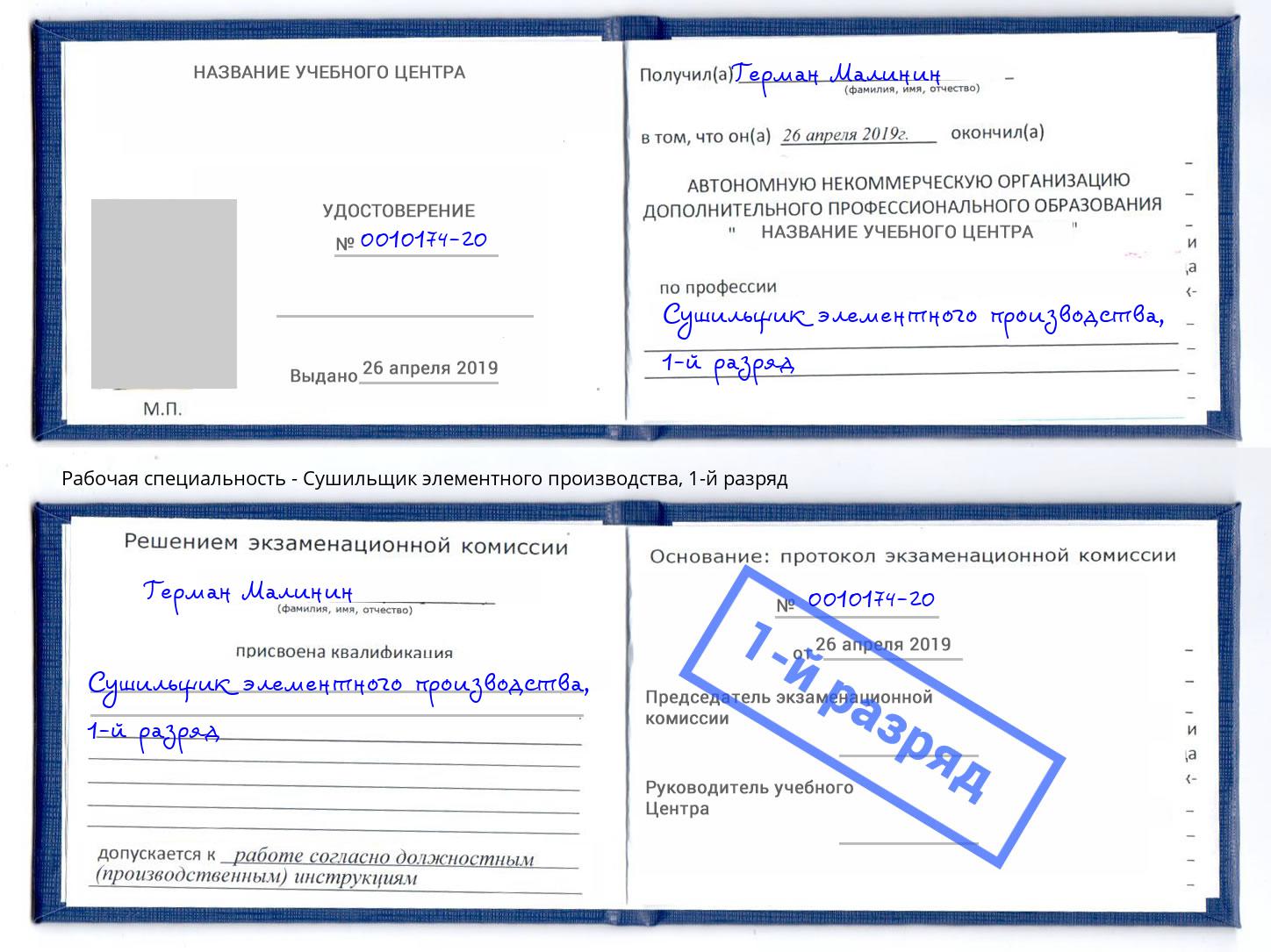 корочка 1-й разряд Сушильщик элементного производства Холмск